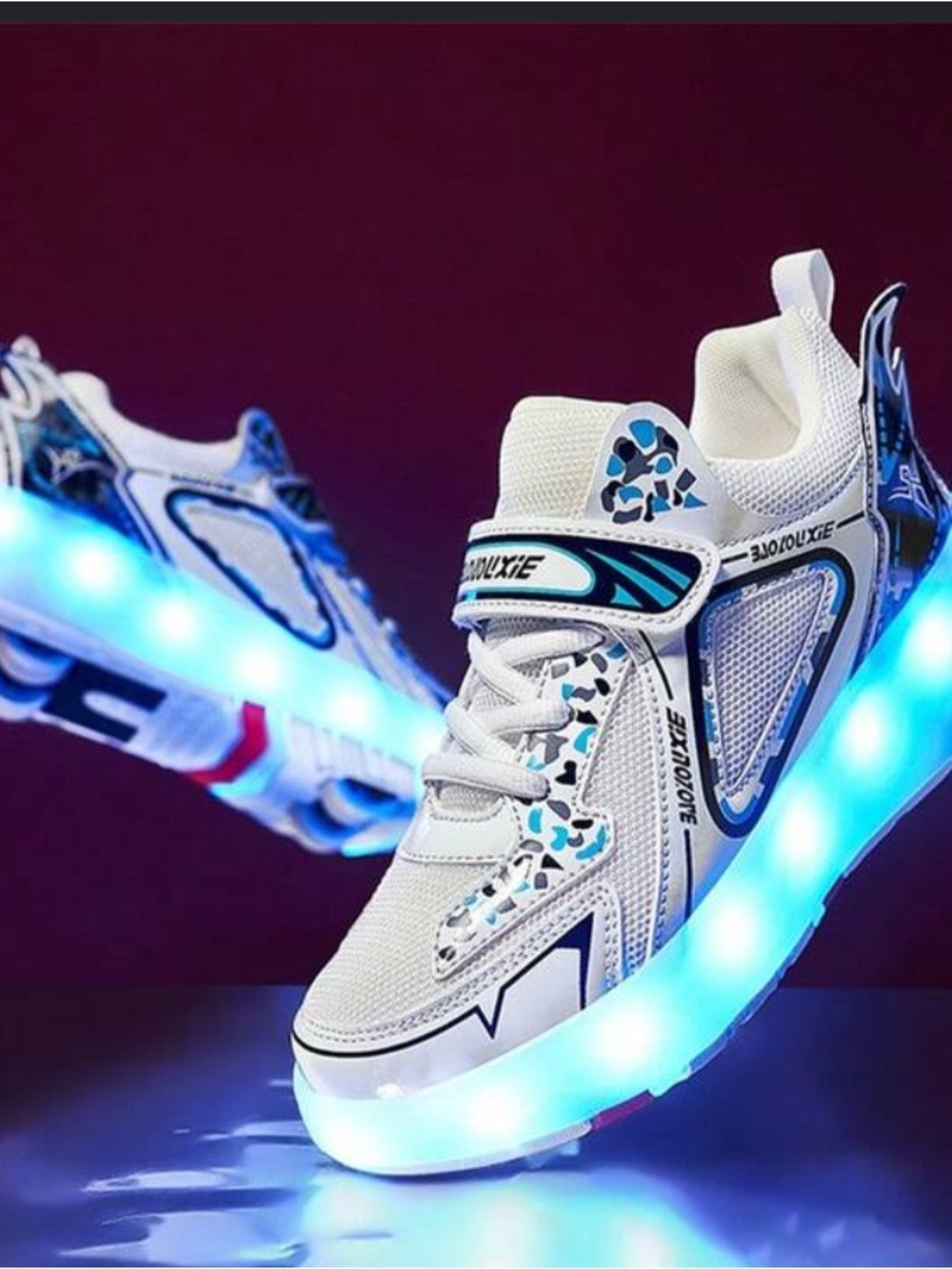Kids 2-in-1 LED Light-Up Roller Skate Shoes - White/Blue Camo Back to School